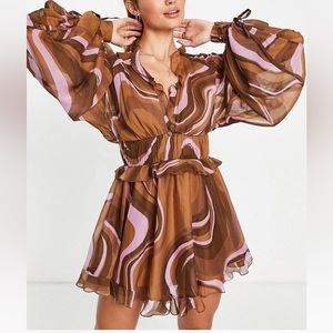 Retro Ruched Waist Long Sleeve Mini Dress